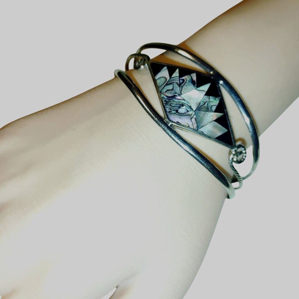 Vintage Alpaca Mexico Cuff Bracelet With Abalone & Onyx Inlay Sunburst Design